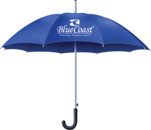Blue umbrella with Blue Coast Savings Consultants logo